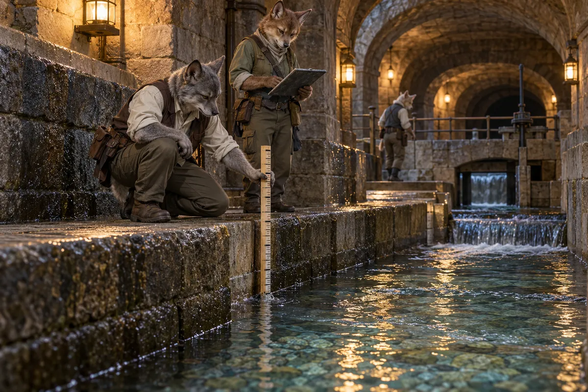 Kobold engineers inspecting an underground water channel.